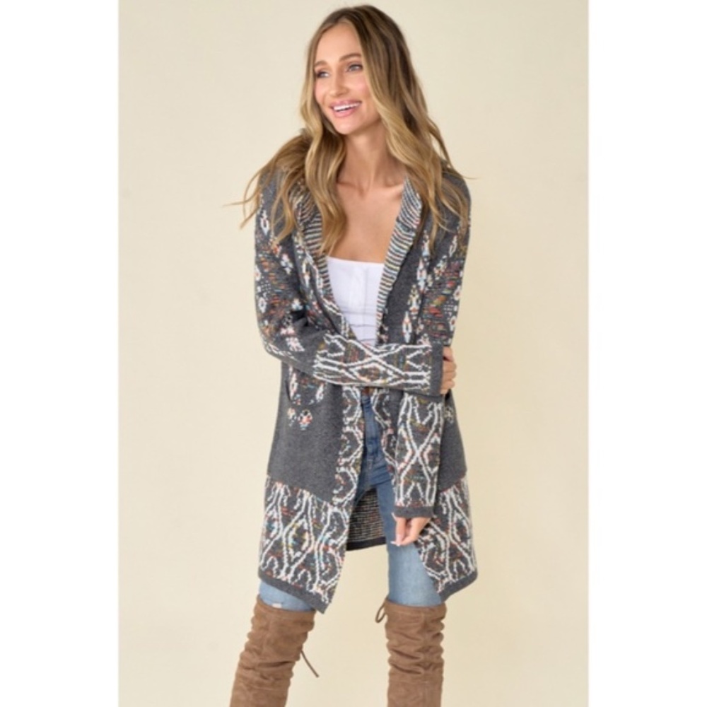 SOLD OUT Gray Aztec Tribal Rainbow Western Hooded Knit Open Cardigan Long Sleeve - Picture 5 of 9